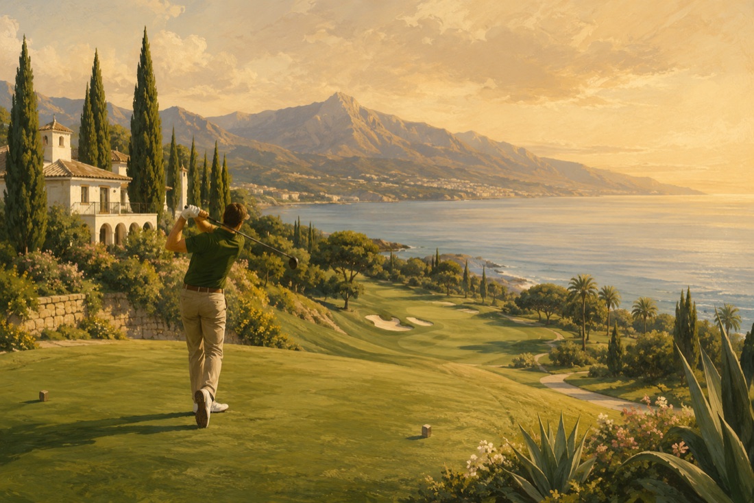 Golfer on a Costa del Sol golf course at sunset